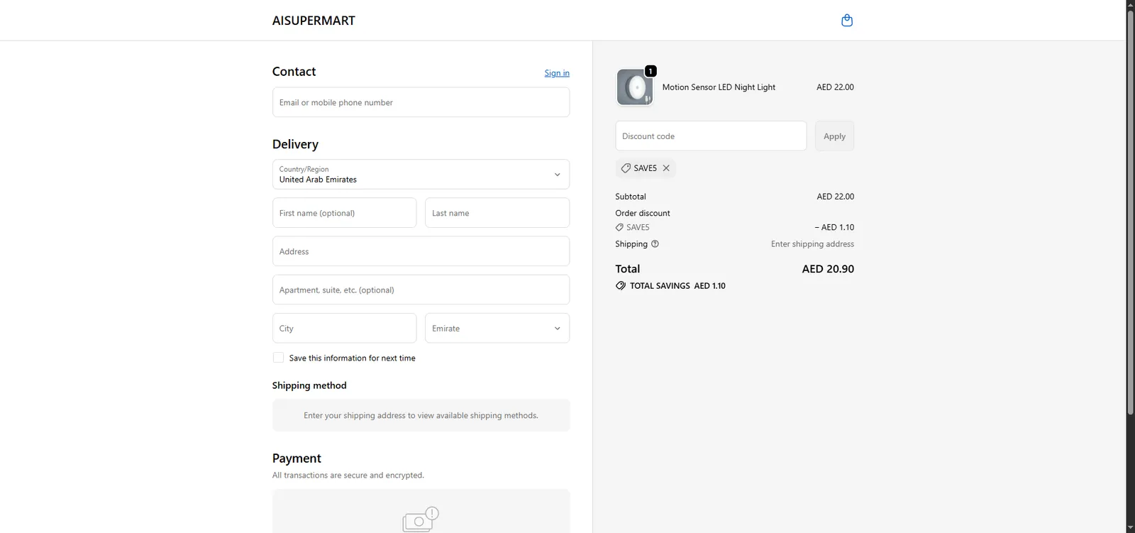 Screenshot showing verification of promo code SAVE5 applied at checkout.