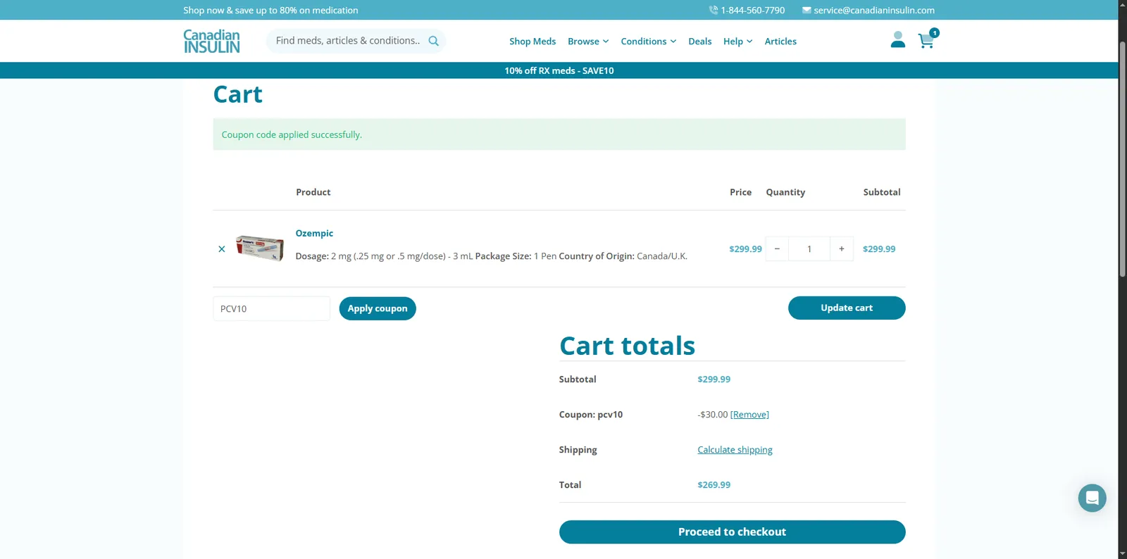 Screenshot showing verification of promo code PCV10 applied at checkout.