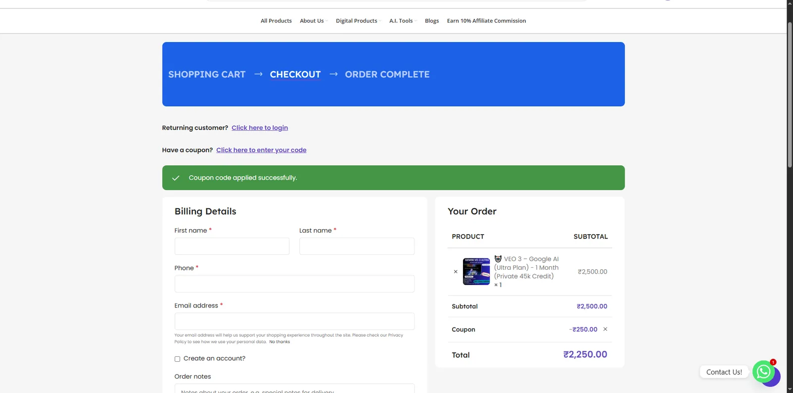 Screenshot showing verification of promo code SAVE applied at checkout.