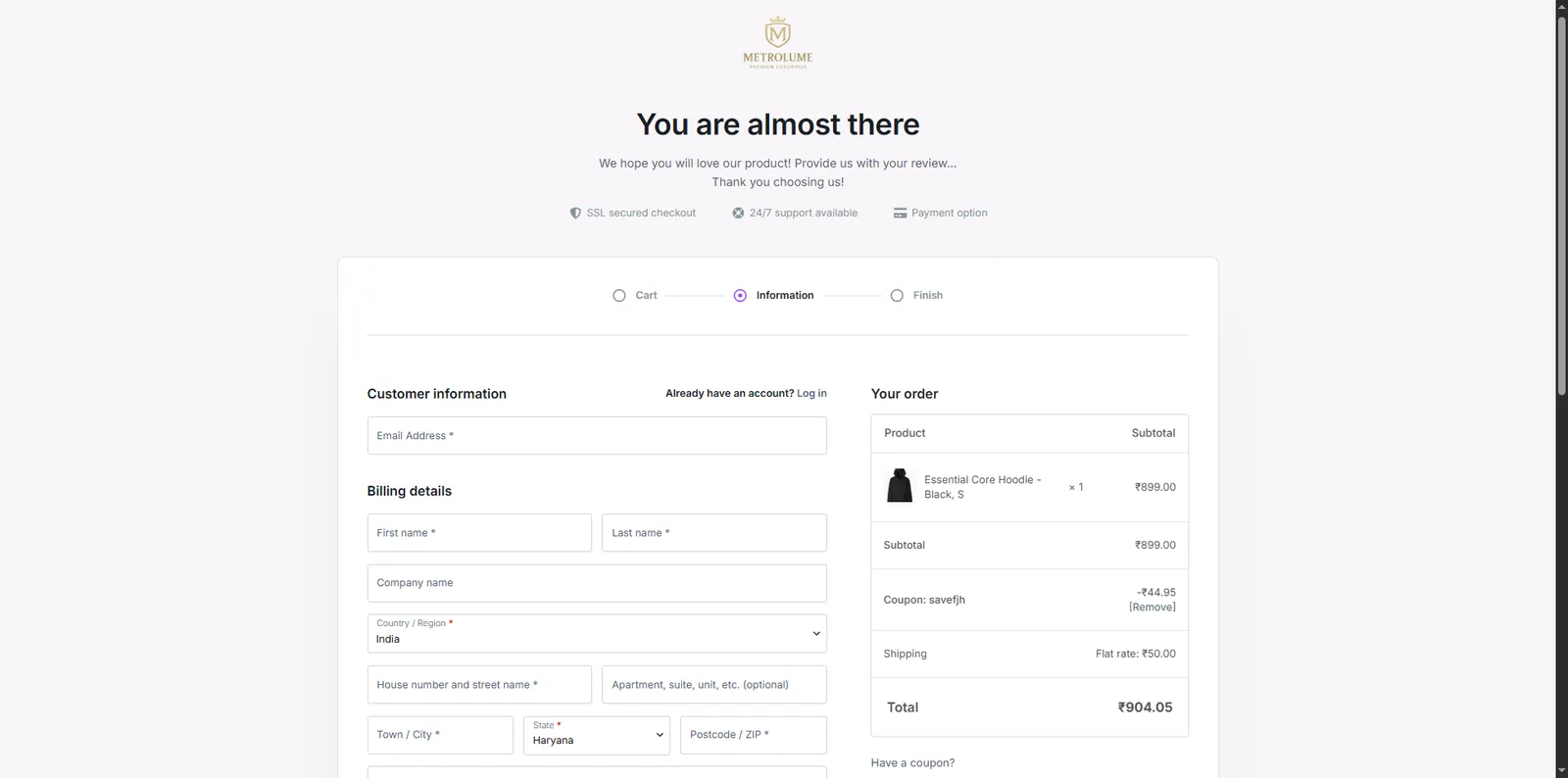 Screenshot showing verification of promo code savefjh applied at checkout.