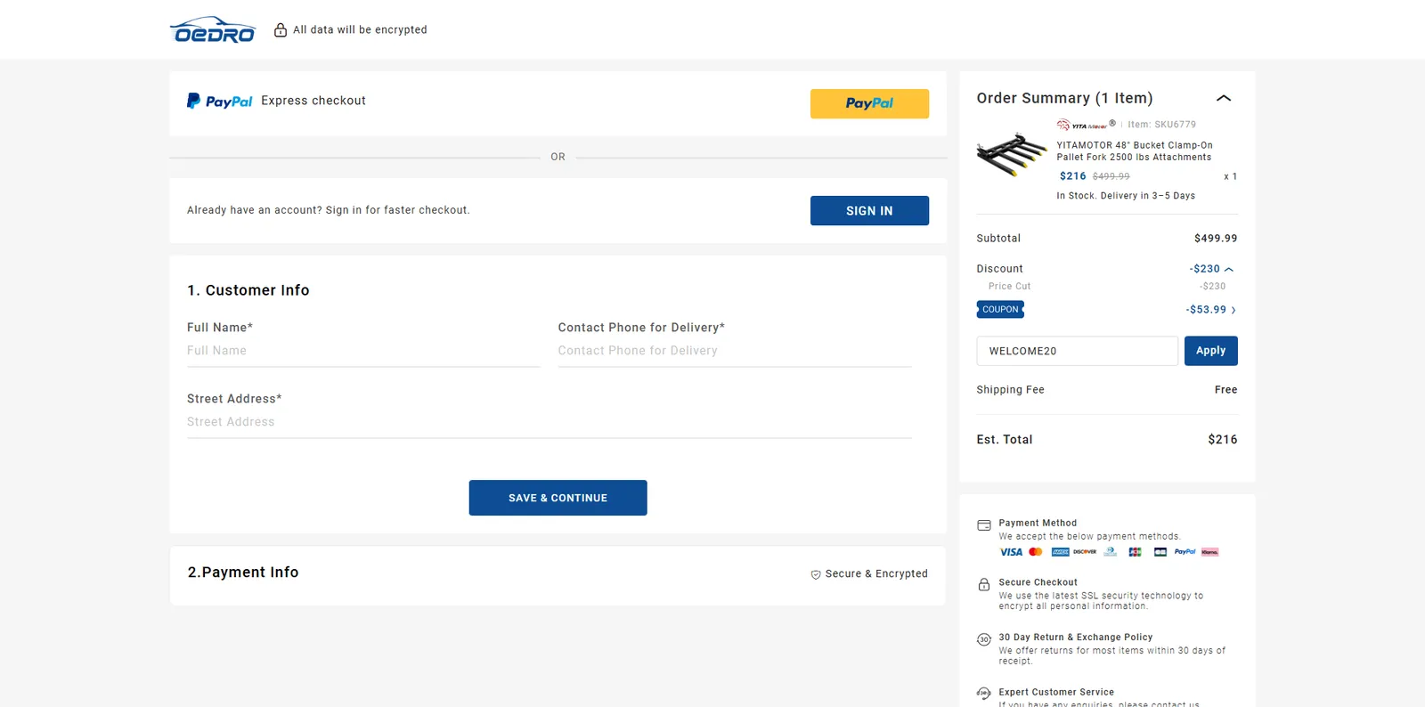 Screenshot showing verification of promo code WELCOME20 applied at checkout.