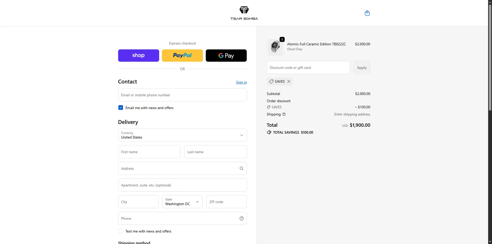 Screenshot showing verification of promo code SAVE5 applied at checkout.