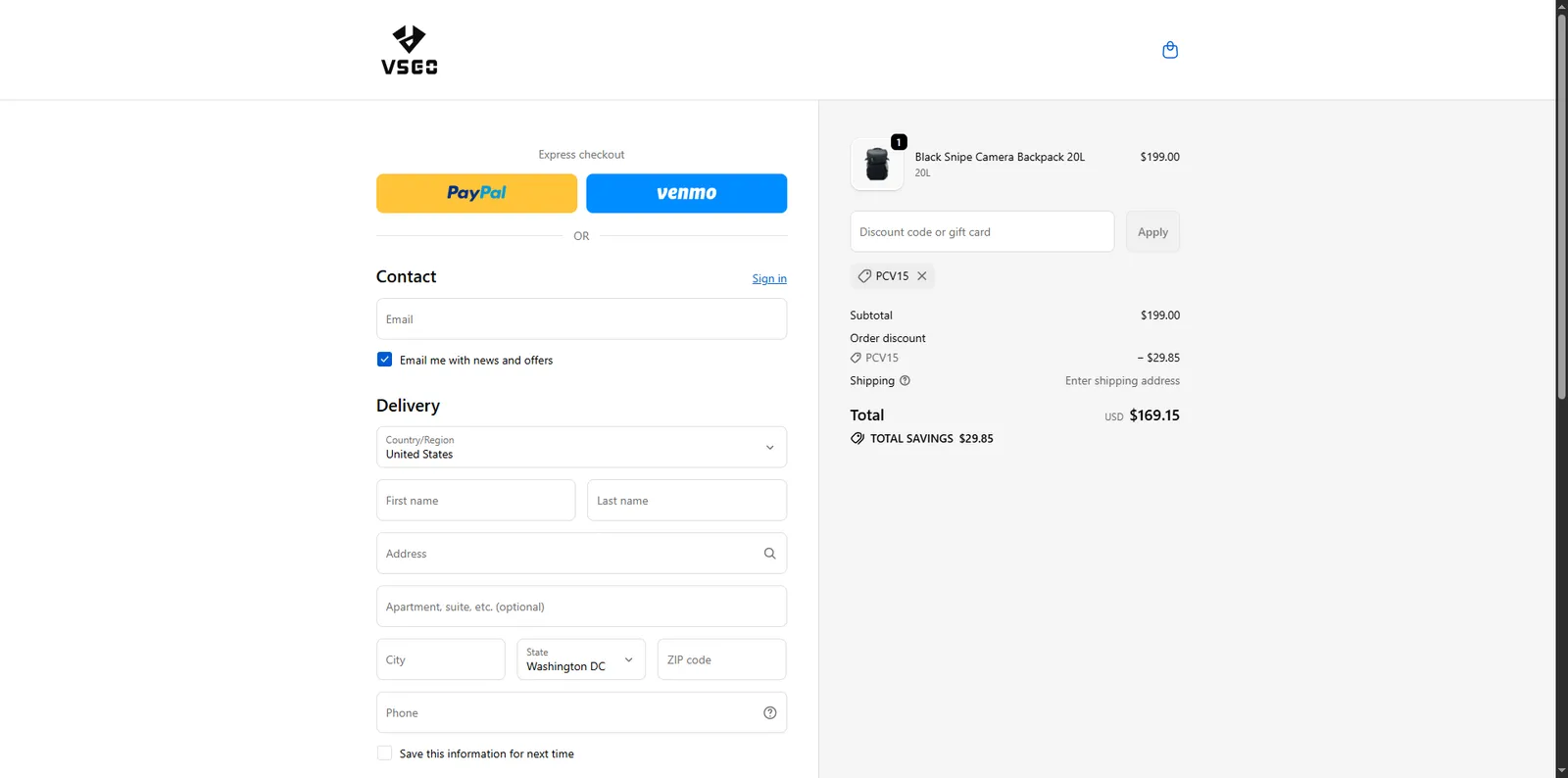 Screenshot showing verification of promo code PCV15 applied at checkout.
