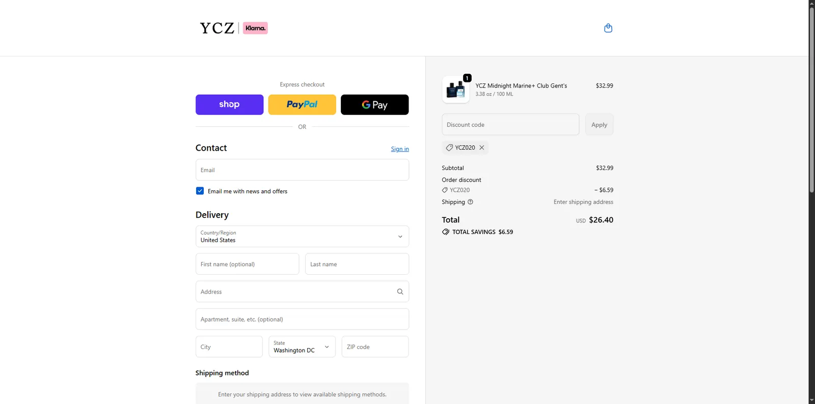 Screenshot showing verification of promo code YCZ020 applied at checkout.
